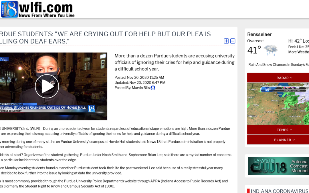 WLFI (West Lafayette, IN): Purdue students: “We are crying out for help but our plea is falling on deaf ears.”