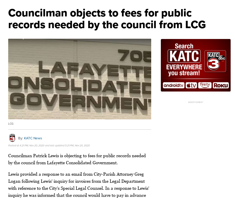 KATC (Lafayette, Louisiana): Councilman objects to fees for public records needed by the council from LCG