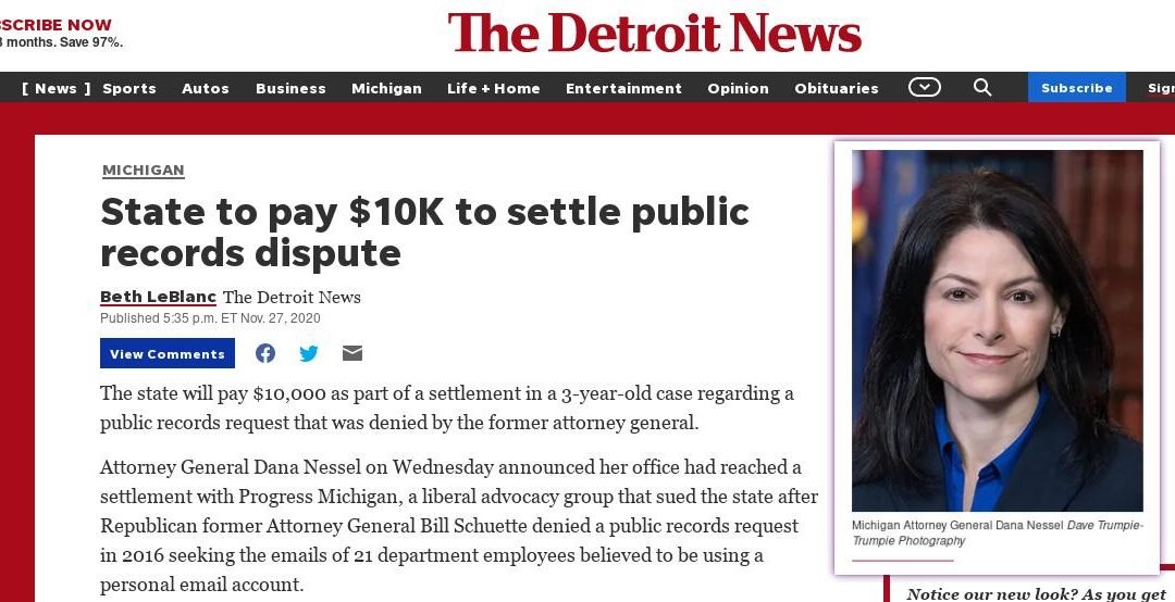 Detroit NEWS: State to pay $10K to settle public records dispute