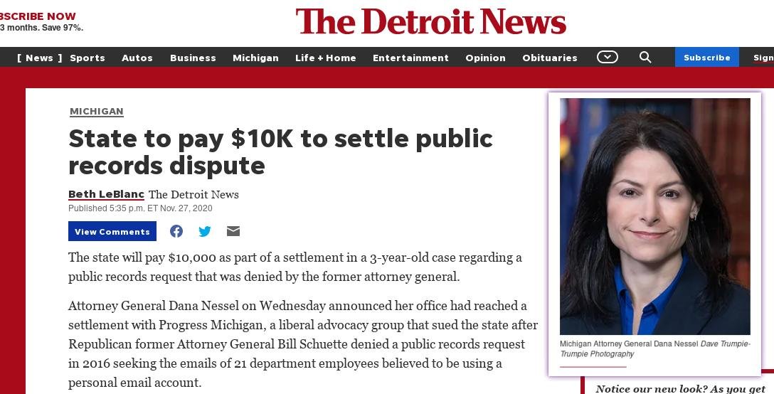 Detroit NEWS: State to pay $10K to settle public records dispute