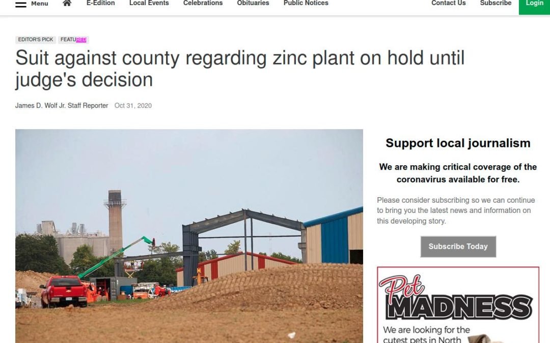 Pharos-Tribune: Suit against county regarding zinc plant on hold until judge’s decision