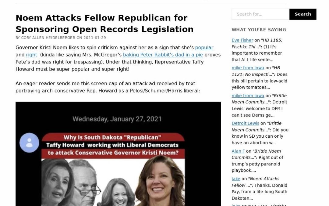 Dakota Free Press:  Noem Attacks Fellow Republican for Sponsoring Open Records Legislation