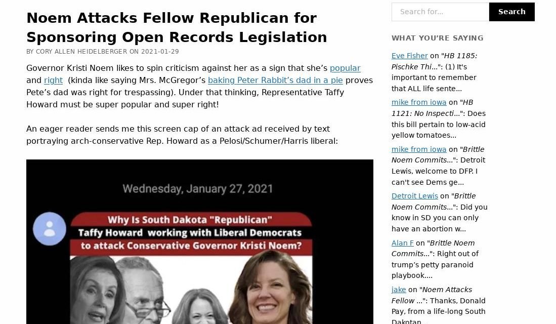 Dakota Free Press:  Noem Attacks Fellow Republican for Sponsoring Open Records Legislation