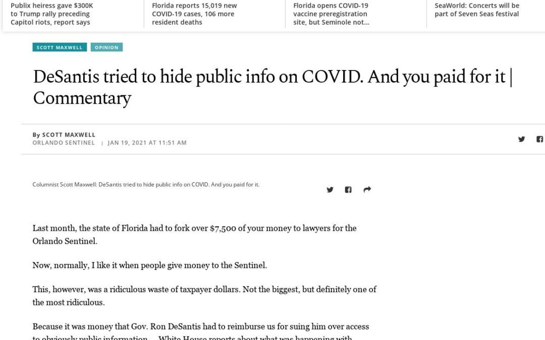 Orlando Sentinel: DeSantis tried to hide info on virus Taxpayers ended up footing the legal bills for lawsuit involving access to public record