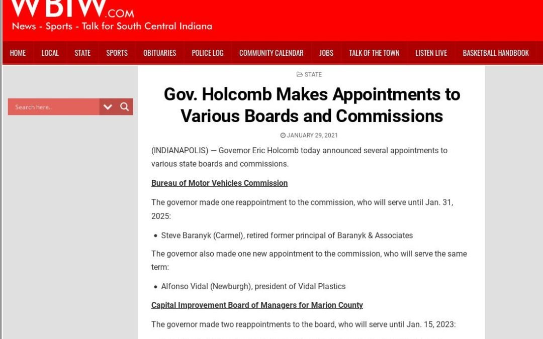 WBIW: Gov. Holcomb Makes Appointments to Various Boards and Commissions