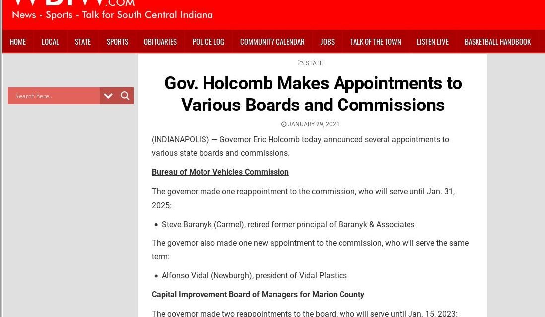 WBIW: Gov. Holcomb Makes Appointments to Various Boards and Commissions