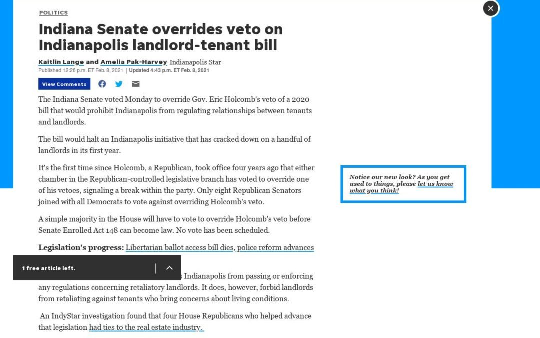 Indianapolis Star: Indiana Senate overrides veto on Indianapolis landlord-tenant bill