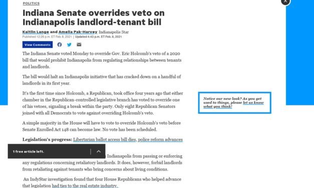 Indianapolis Star: Indiana Senate overrides veto on Indianapolis landlord-tenant bill