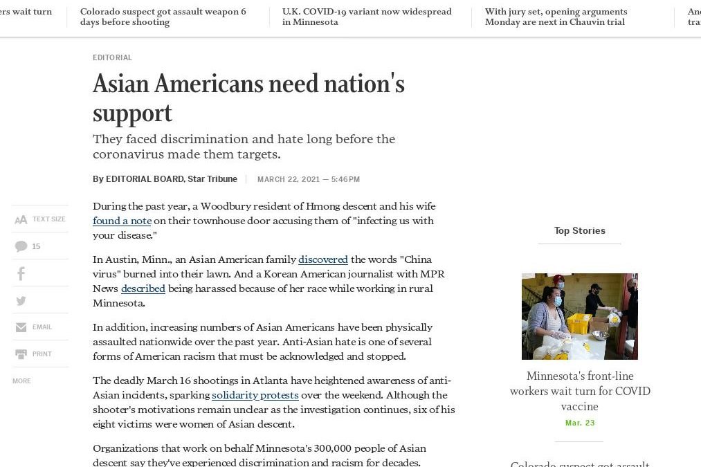 Star Tribune: Support and protect Asian Americans – They faced discrimination and hate long before the coronavirus made them targets.