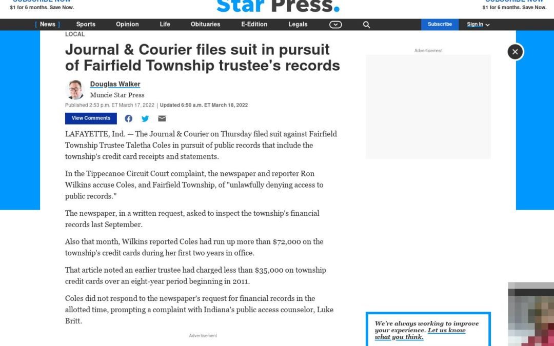 ￼Journal & Courier files suit in pursuit of Fairfield Township trustee’s records