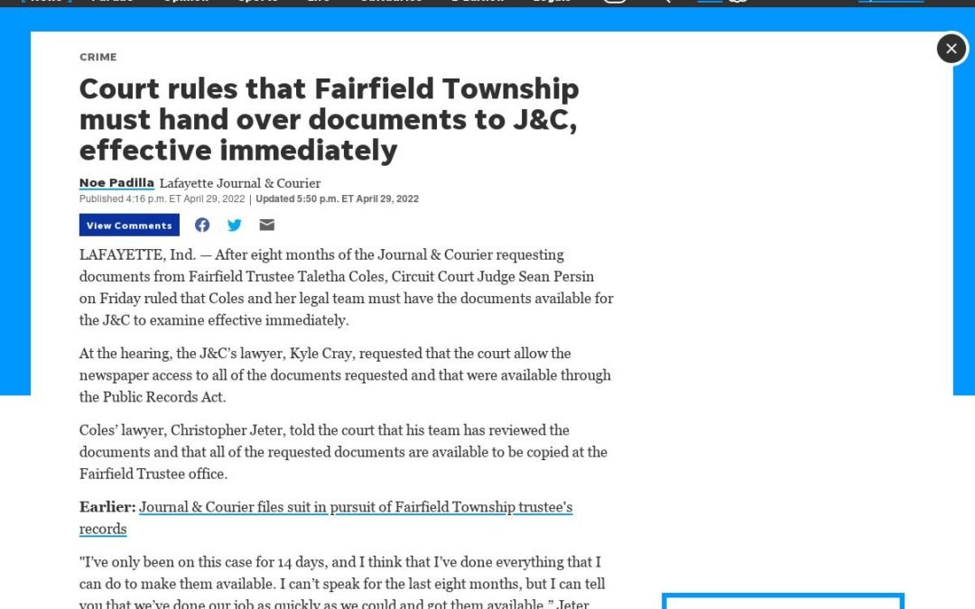 Court rules that Fairfield Township must hand over documents to J&C, effective immediately