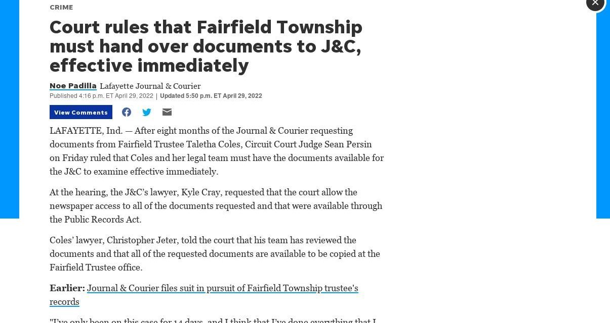 Court rules that Fairfield Township must hand over documents to J&C, effective immediately