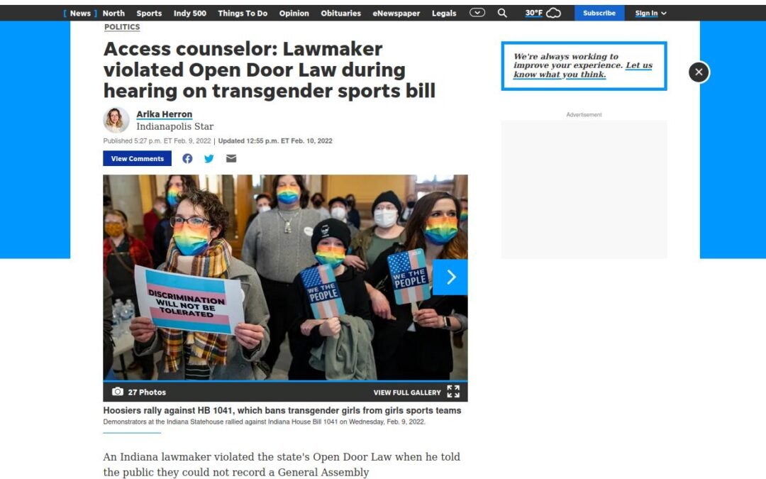 IndyStar:  Access counselor-Lawmaker violated Open Door Law during hearing on transgender sports bill