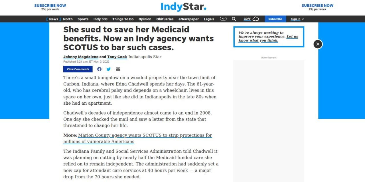 IndyStar:  Hoosiers fear losing benefits, rights: A woman sued to save her Medicaid. HHC agency wants to bar such cases.