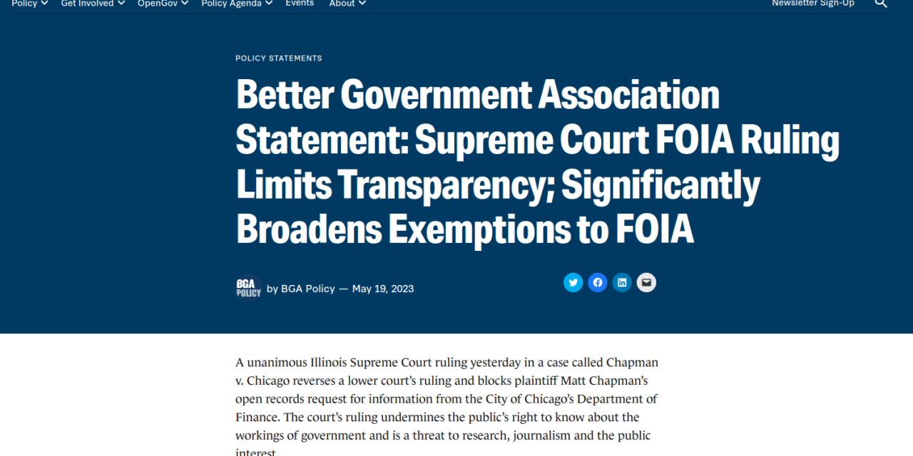Better Government Association Statement: Supreme Court FOIA Ruling (Chapman v. Chicago) Limits Transparency; Significantly Broadens Exemptions to FOIA