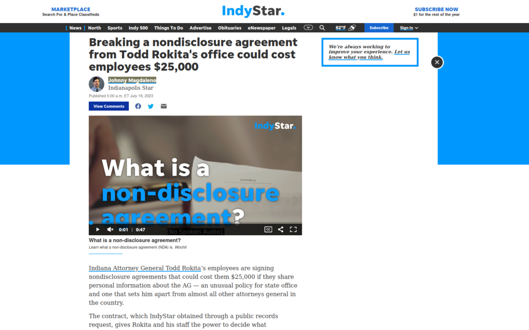 Indy Star:  AG Todd Rokita’s office requires an NDA. It might threaten free speech