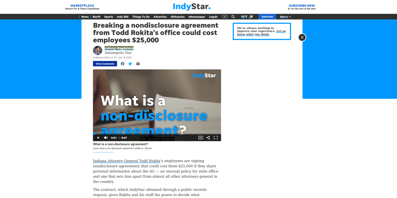 Indy Star:  AG Todd Rokita’s office requires an NDA. It might threaten free speech